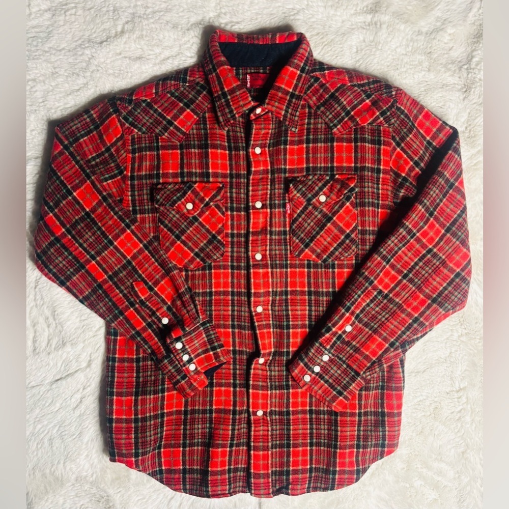 Levi’s Red Tab Red Plaid Wool Snap Button Long Sleeve Flannel Shirt Size: Large